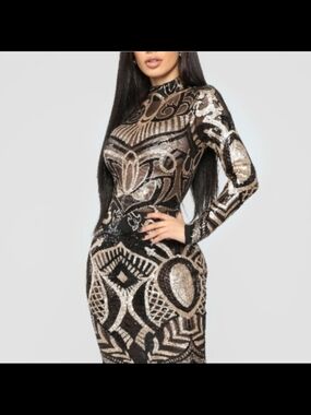 Fashion Nova Black and Gold Sequin Long-Sleeve Bodycon Dress Sz M